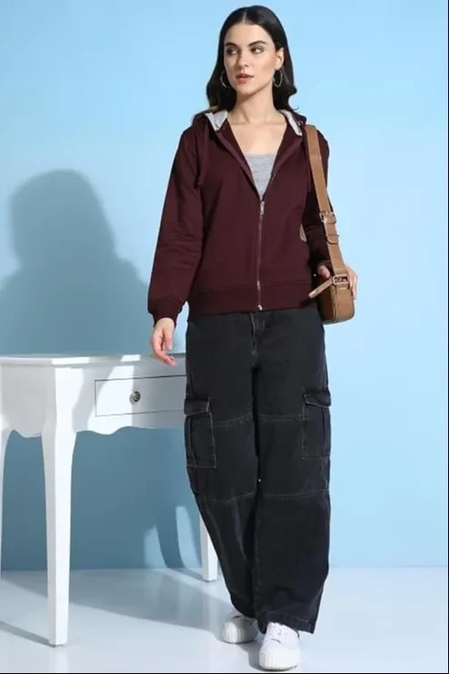 Women's Solid Zip-Up Hooded Sweatshirt | Casual Fleece Hoodie Jacket for Winter & Everyday Wear