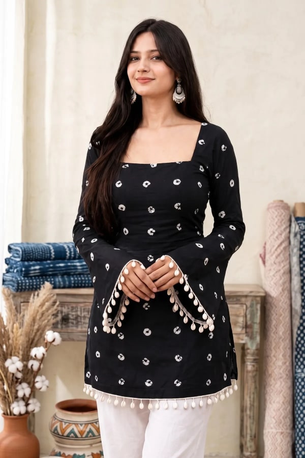 Women's Black Printed Rayon Short Kurti | Square Neck Bell Sleeve Ethnic Top with Lace-Up Back