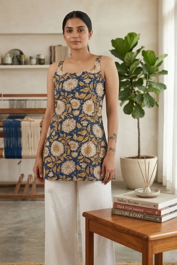 Women's Floral Printed Short Kurti | Sleeveless Casual Ethnic Top for Office, College & Everyday Wear