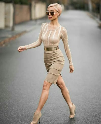 Dress: nude, nude dress, nude sandals, nude high heels, nude heels