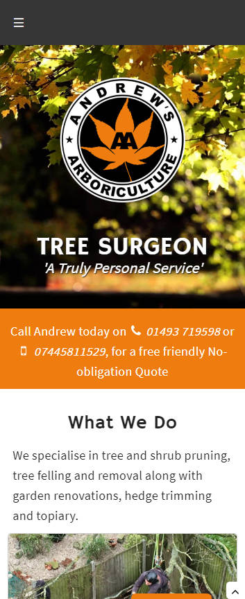 Representation of Andrews Arboriculture website on a mobile phone.