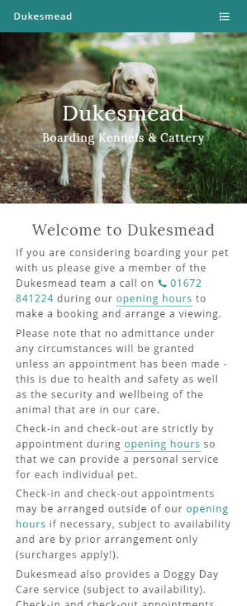 Representation of Dukesmead Boarding Kennels & Cattery website on a mobile phone.