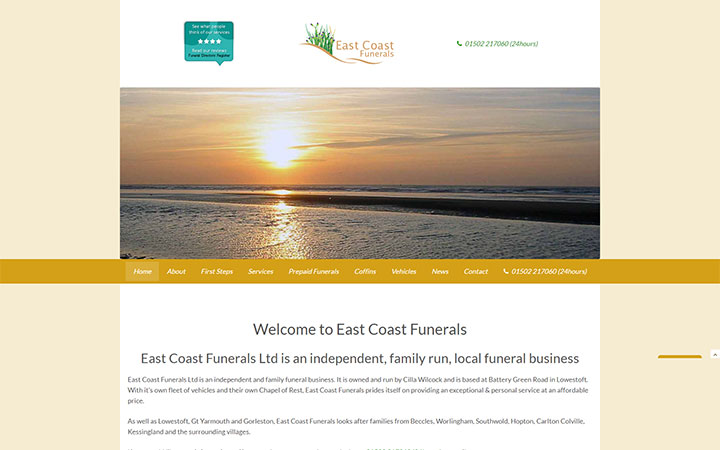 Representation of East Coast Funerals website on a desktop computer.