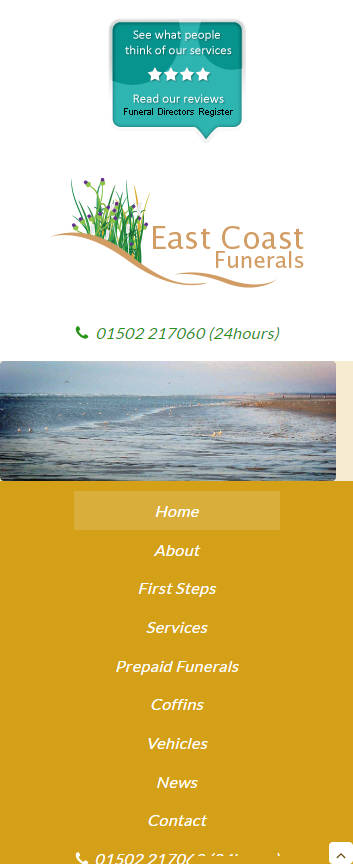 Representation of East Coast Funerals website on a mobile phone.