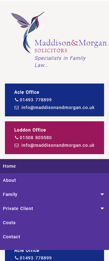 Representation of Maddison & Morgan Solicitors website on a mobile phone.