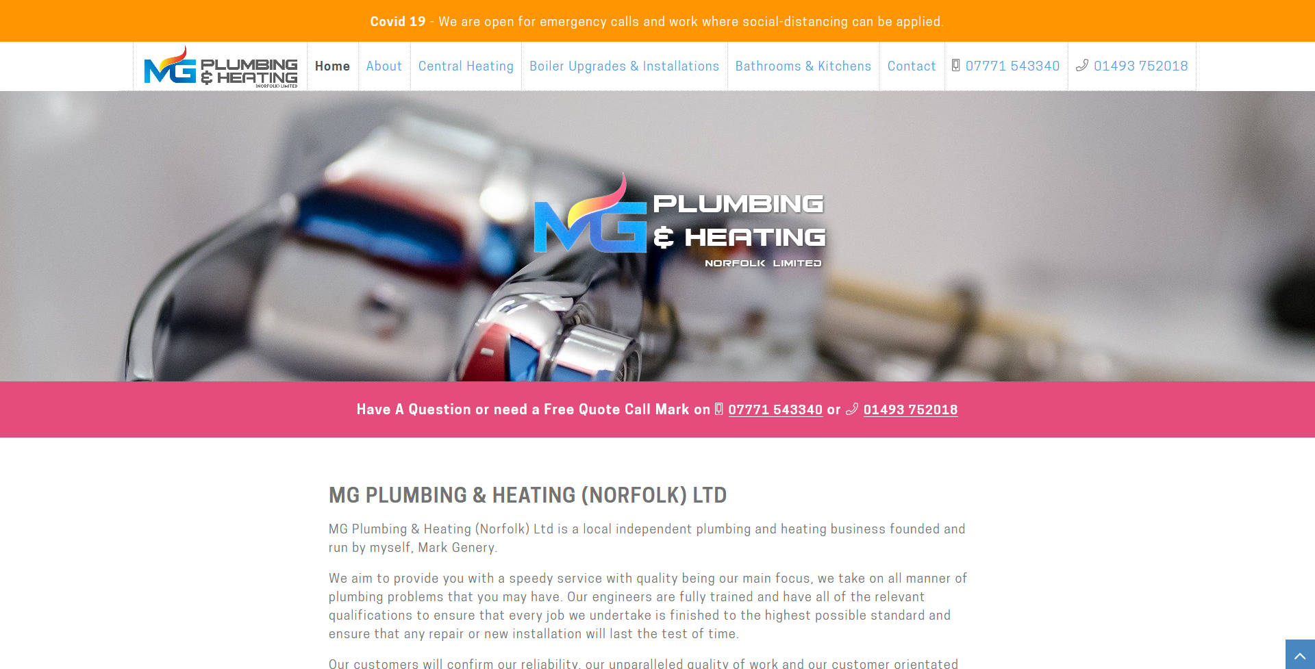 Representation of MG Plumbing & Heating (Norfolk) Ltd website on a desktop computer.