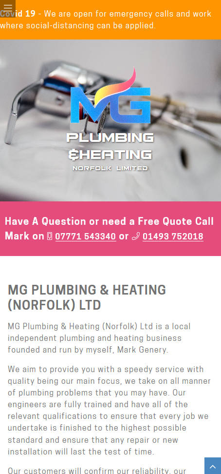 Representation of MG Plumbing & Heating (Norfolk) Ltd website on a mobile phone.