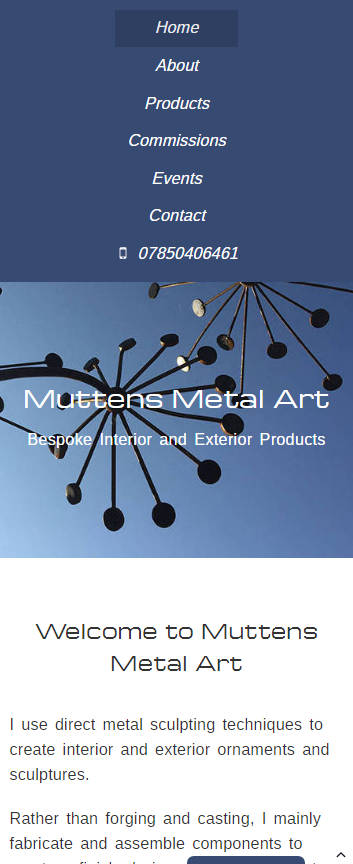 Representation of Muttens Metal Art website on a mobile phone.