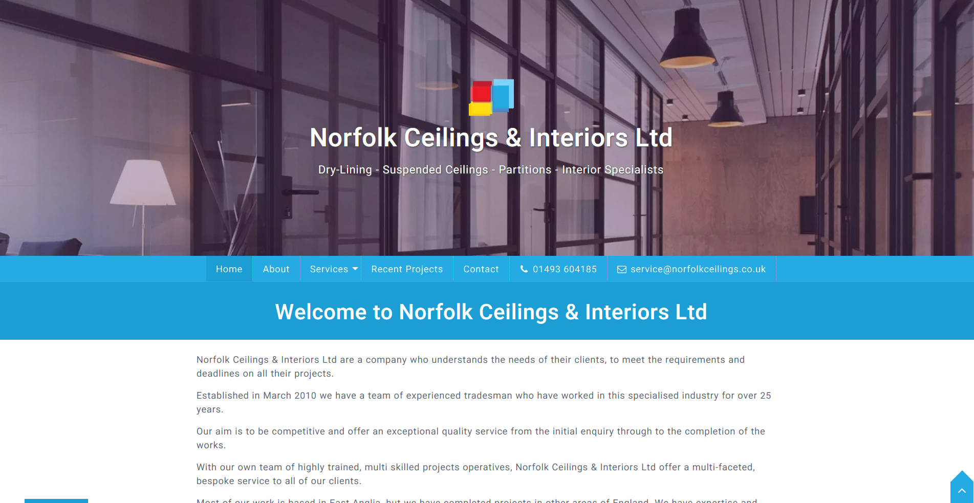 Representation of Norfolk Ceilings & Interiors website on a desktop computer.