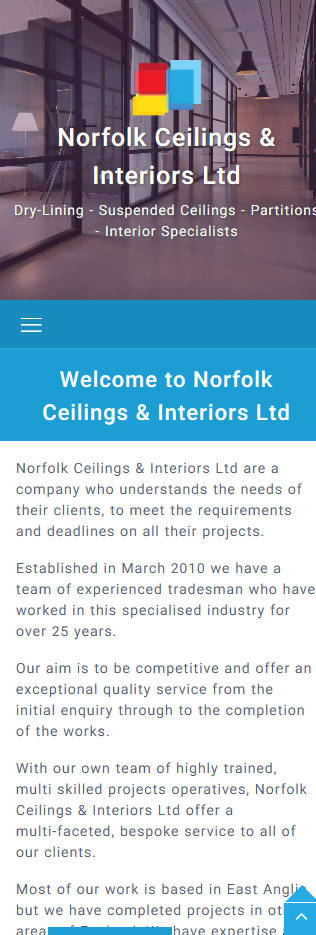 Representation of Norfolk Ceilings & Interiors website on a mobile phone.