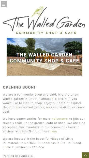 Representation of The Walled Garden Shop & Cafe website on a mobile phone.