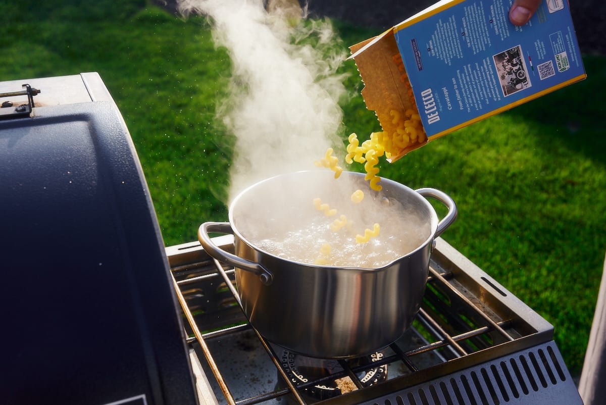 Boiling the pasta for Smoked Mac and Cheese