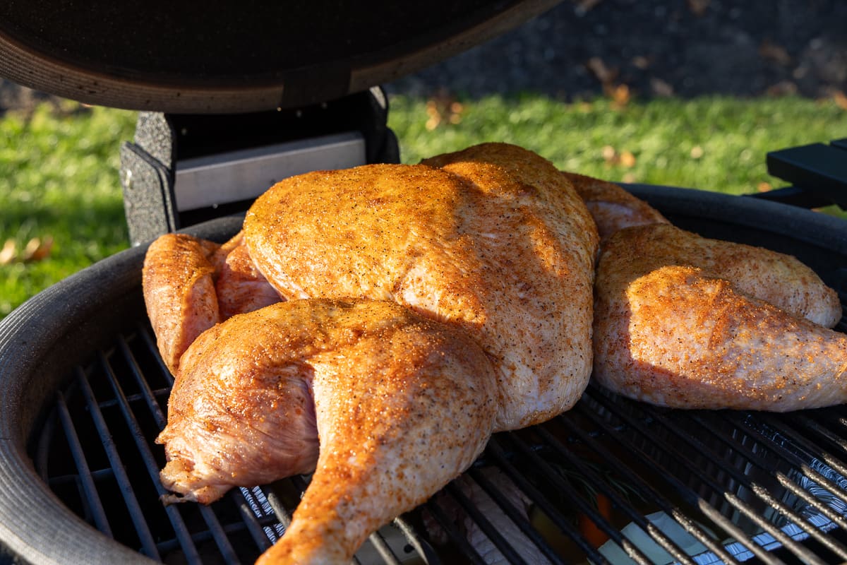 Spatchcock turkey on the smoker