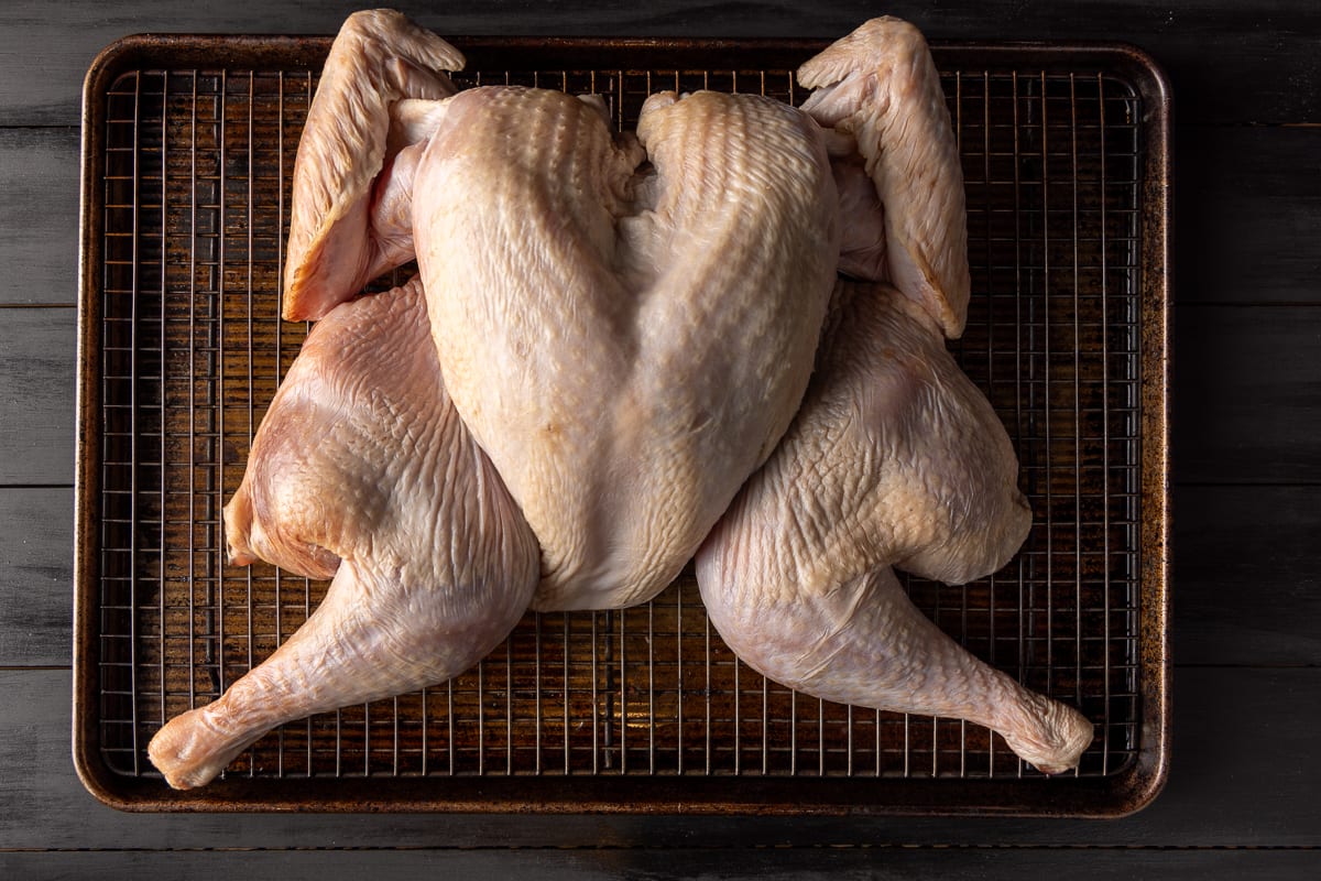 Spatchcocked turkey after being air dried