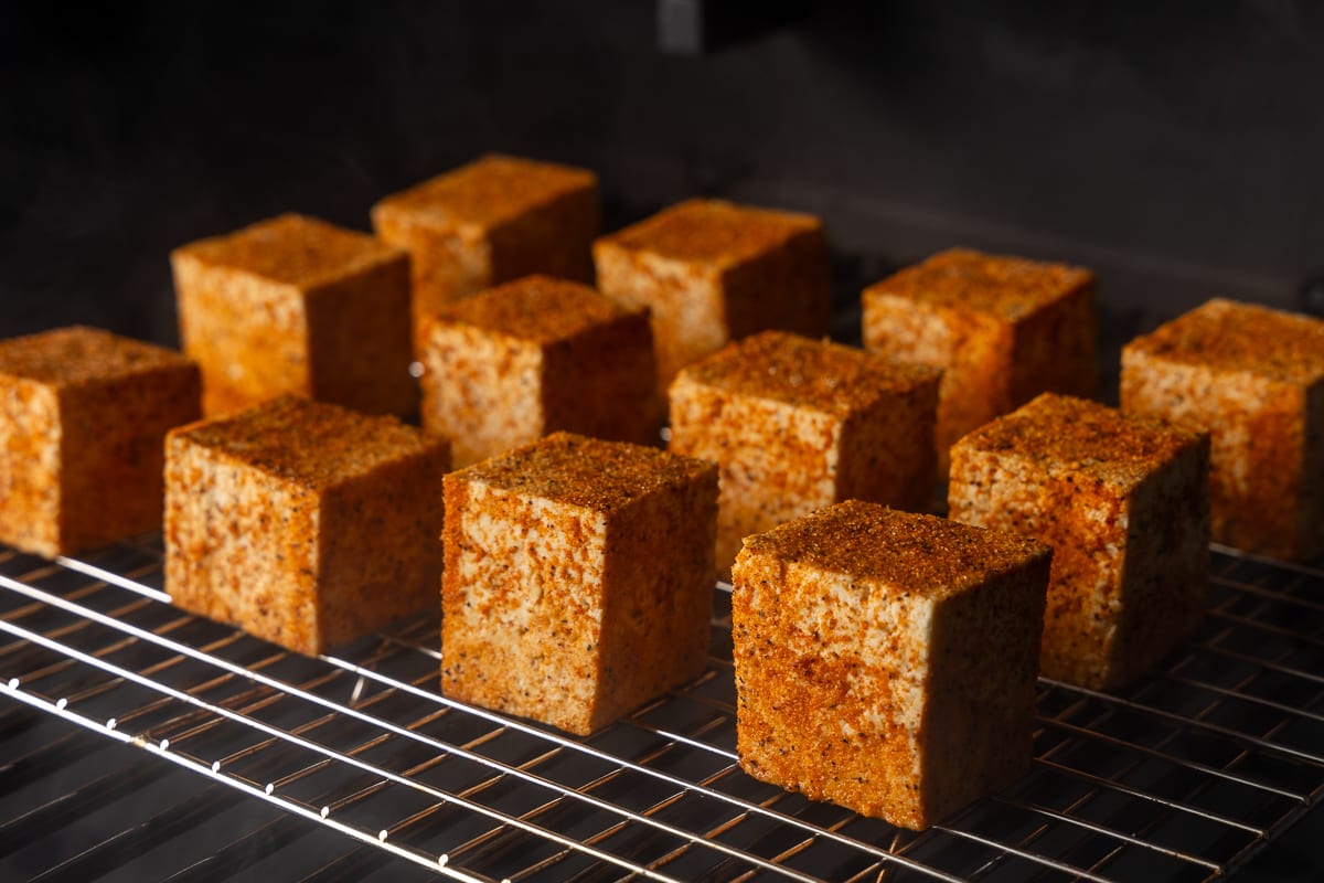 Smoke the tofu at 250°F for 1 1/2 hours