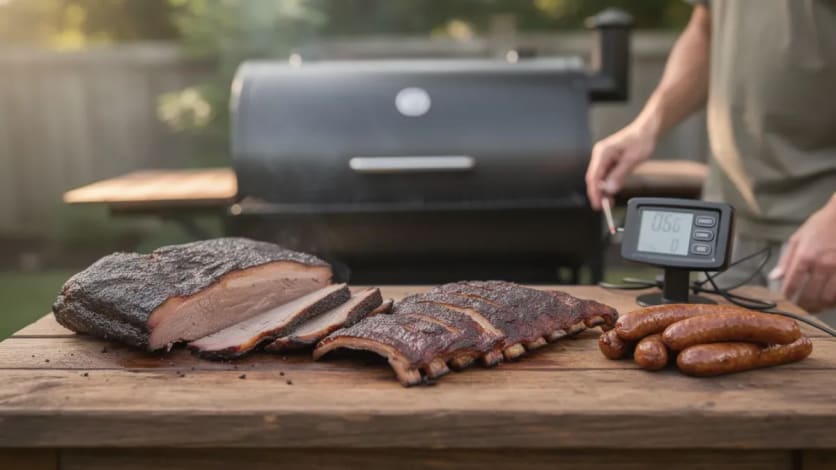 Backyard smoker grill with fresh meat and digital thermometer ready for smoking