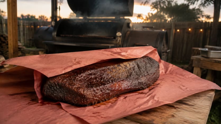 Smoked brisket partially wrapped in pink butcher paper beside an offset smoker.