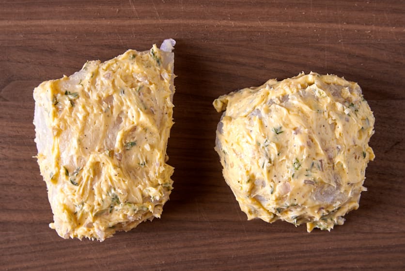 Halibut fillets slathered in lemon garlic butter