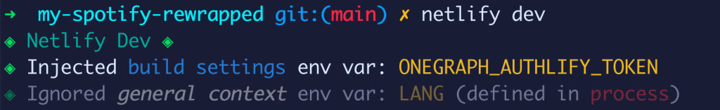 Terminal showing the netlify dev command with notification of build settings injected into environment