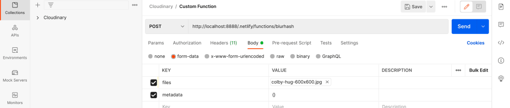 Postman showing Cloudinary simulated request body