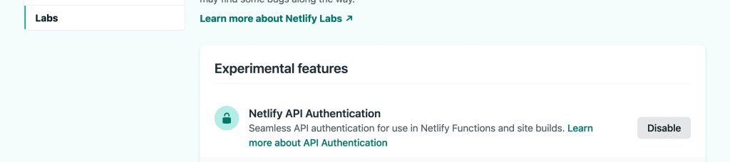 Netlify Labs page showing enabled Netlify API Authentication