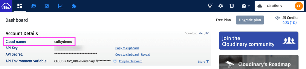 Cloudinary dashboard showing highlighted Cloud Name