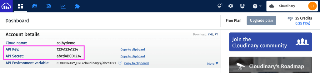 Cloudinary dashboard showing API Key and API Secret
