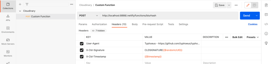 Postman showing Cloudinary simulated request headers