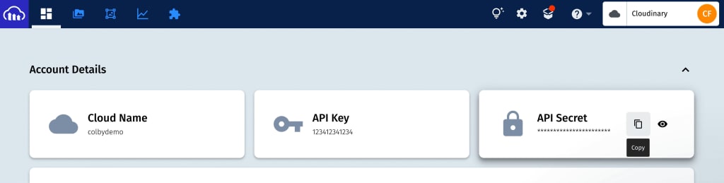 Cloudinary dashboard showing Cloud Name, API Key, and API Secret locations