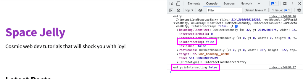 Console highlighting observed entry and visibility status
