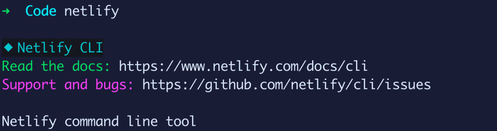 Terminal showing netlify command with CLI info