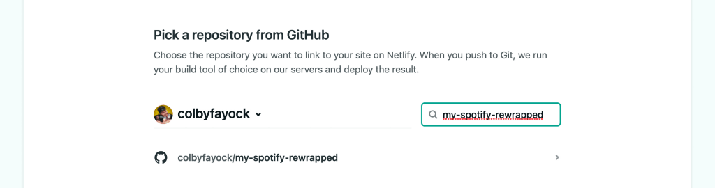 Repository search in Netlify dashboard showing new repo