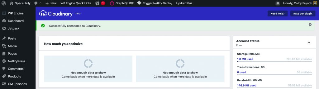 Cloudinary dashboard with success message