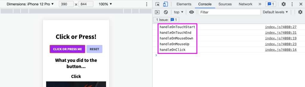 Web console showing events from Chrome device simulator