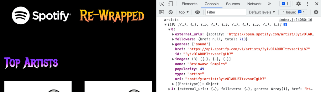 Web console showing logged artist data from Spotify