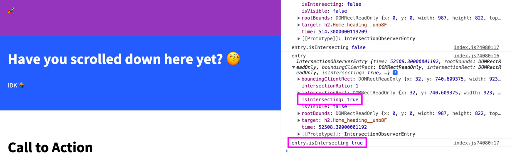Web console showing element and intersecting as true