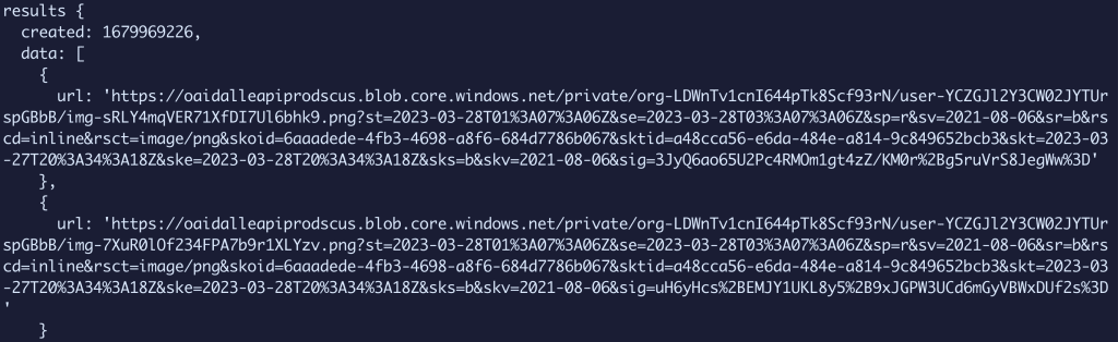 Terminal showing two image URL results