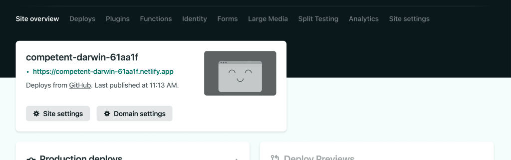 Netlify Site Overview showing successful deployment and URL