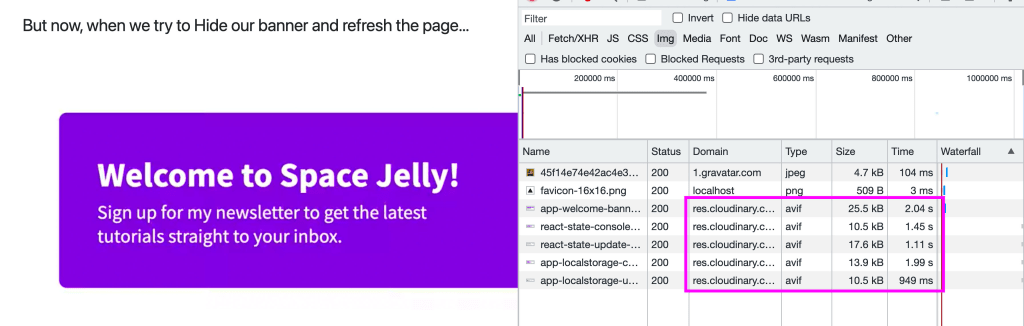 Browser network requests showing image results from Cloudinary with modern formats
