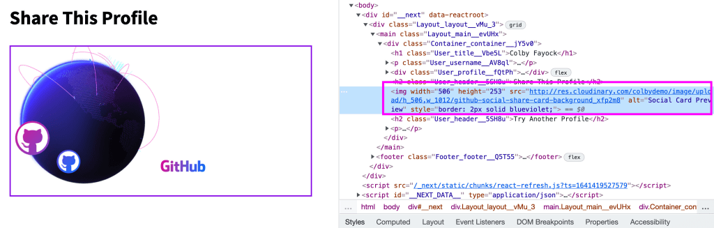 Chrome inspector showing image node with URL from Cloudinary