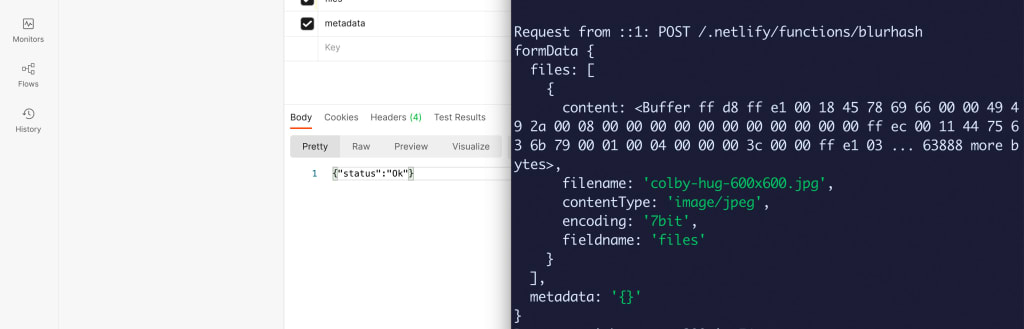 Terminal next to Postman showing parsed form data as object