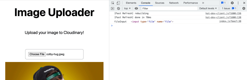 Chrome web console showing fileInput variable logged with input element reference