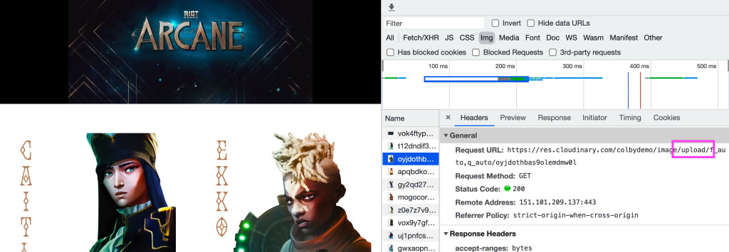 Chrome devtools Network tab showing highlighted upload delivery method