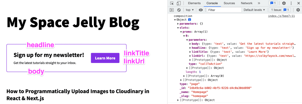 Website showing terminal with overlaid text showing where each parameter matches up to from the Composition Slot