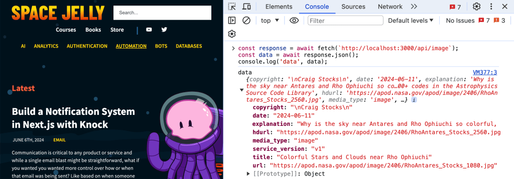 Image of the Day results from NASA from API endpoint