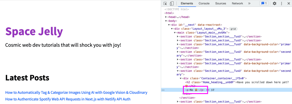 Web console showing inspector with element not visible