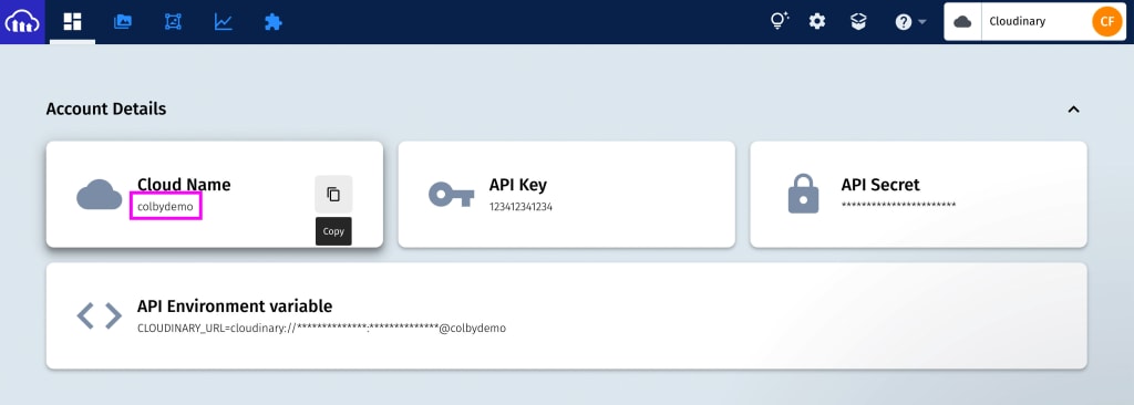 Finding Cloudinary Cloud Name inside of dashboard