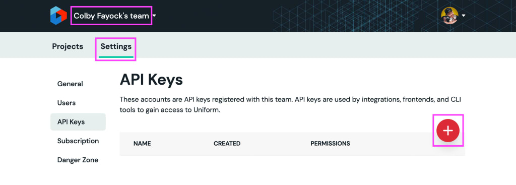 API Keys page in Uniform dashboard with highlighted navigation to create a new key
