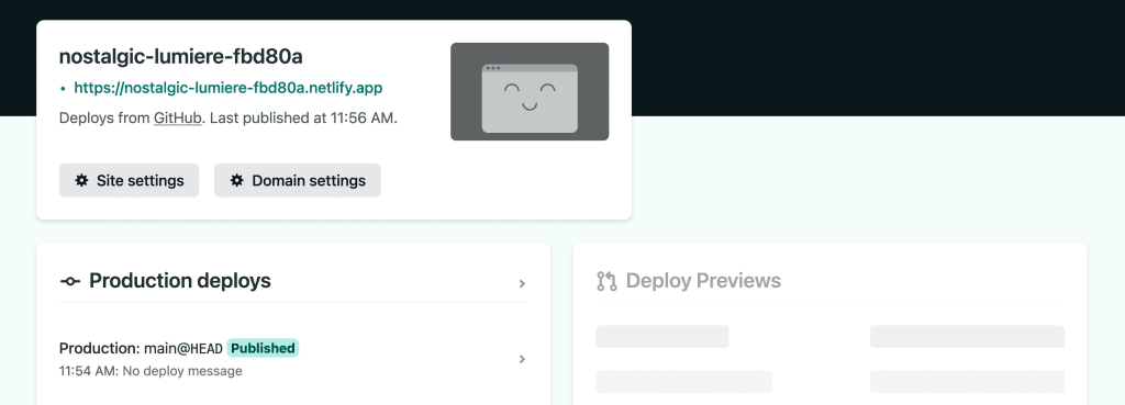 Netlify site dashboard showing successful deployment