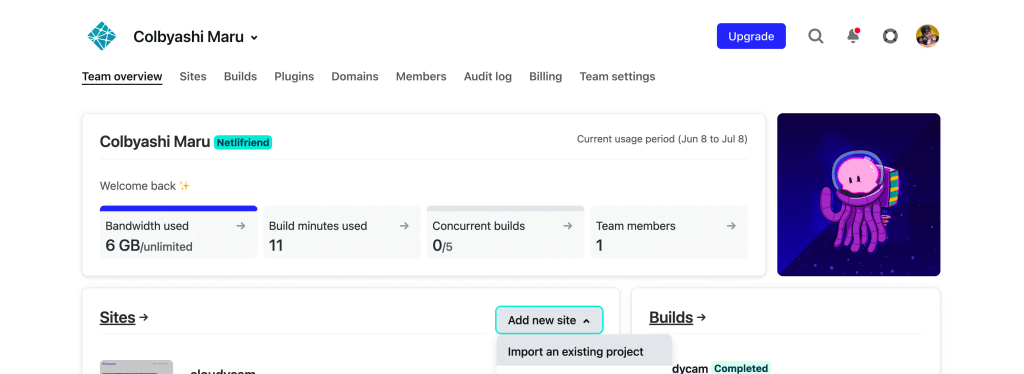 Netlify dashboard importing an existing project